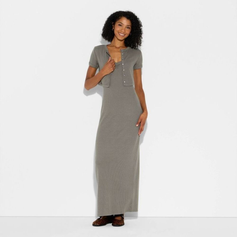 Wild Fable - Women's Ribbed Maxi Bodycon Dress and Cardigan Set Gray - Picture 2 of 3